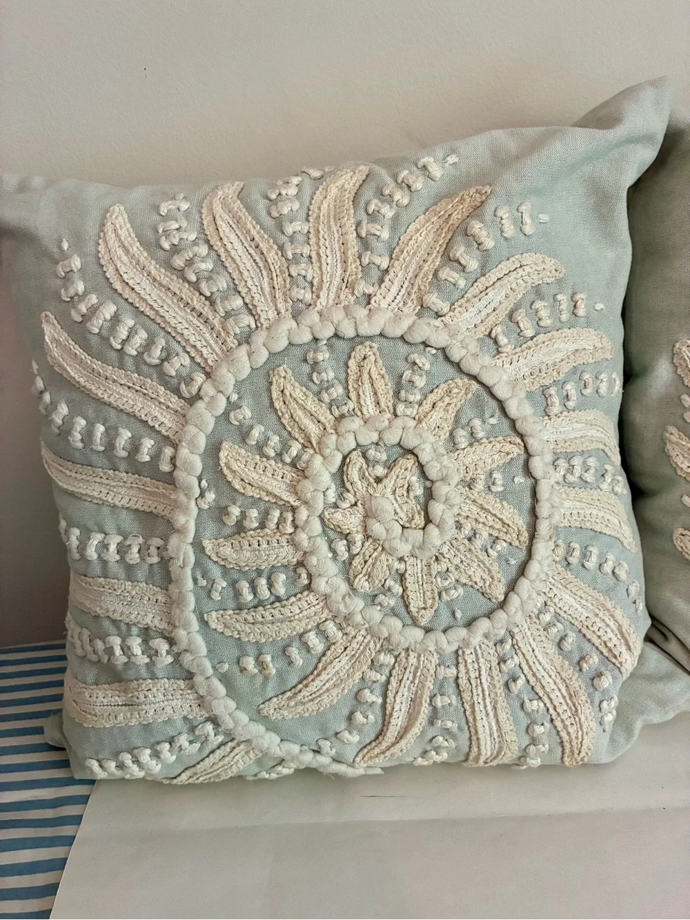 POTTERY BARN Embroidered Sunburst Throw Pillows - Pale Aqua & Cream (Set of 2)